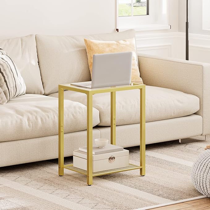 HOOBRO Set of 2 Side Tables, 2-Tier End Table, Nightstands for Tight Spaces, Tempered Glass Bedside Tables, Modern Metal Frame, for Office, Bedroom, Living Room, Study, Gold GD76BZP201