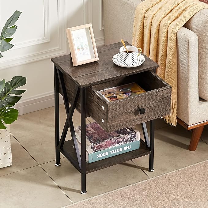 VECELO Nightstands Set of 2, Modern Bedside End Tables, Night Stands with Drawer and Storage Shelf for Living Room Bedroom, Industrial Metal Frame