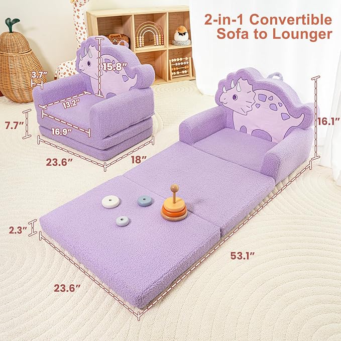 TinyPalsa Kids Couch, Convertible Sofa to Lounger Fold Out, Purple Dinosaur Design Chair for Toddlers 1-3, Gift for Movie Night, Camping, and Napping