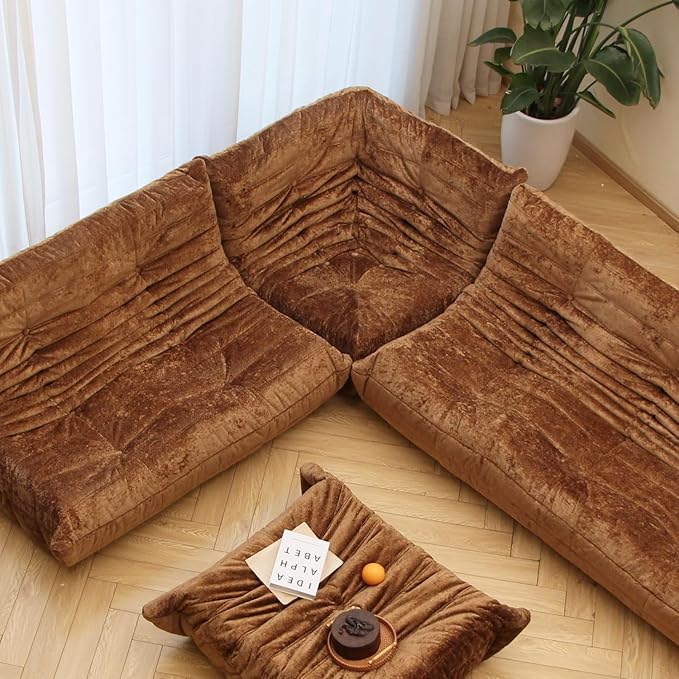 N&V Soft Premium Chenille Floor Lounge Chair, Mid Century Armless Floor Sofa, Foam Sofa Accent Chair for Living Room Bedroom and Office (Brown, Corner Chair)