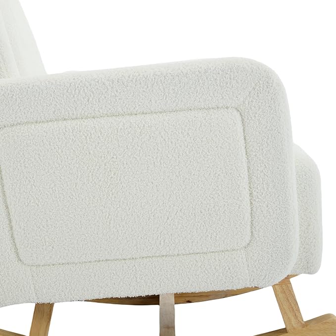 Christopher Knight Home Kiin Wooden Rocking Chair Indoor with Curved Back, Teddy Upholstered Rockers with Pillow, Comfy Accent Chair with Armrest for Bedroom, Living Room, Offices, Cream White