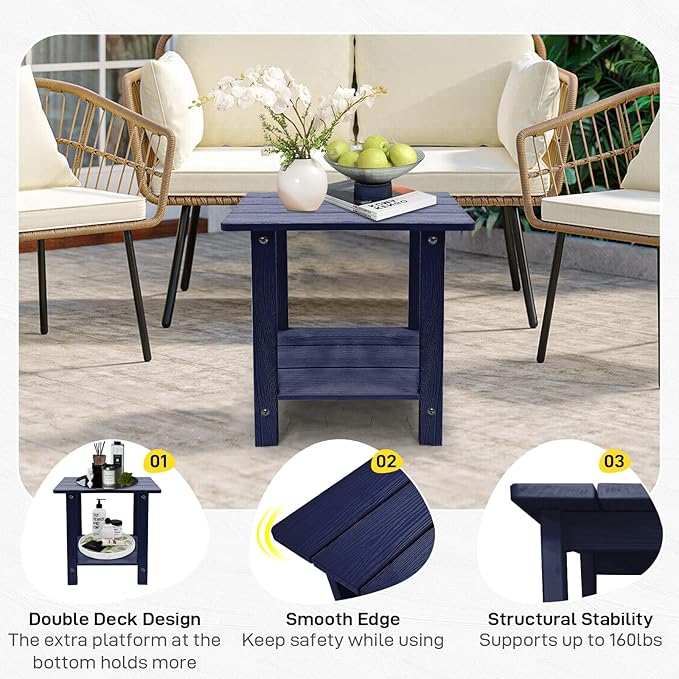 Melucivi Weather Resistant Outdoor Side Table, Double Small Adirondack Side Table for Adirondack Chair - Indoor Outdoor End Table, Patio Table for Pool, Deck and Porch (D Blue)