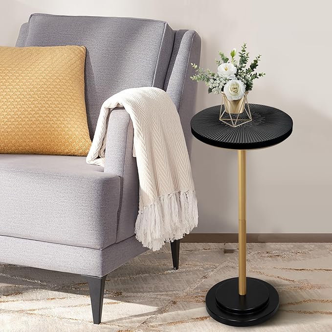 Drink Table, Small Pedestal Side Table with Wooden Carved Top for Living Room, Bedroom, Small Space, Gold and Black