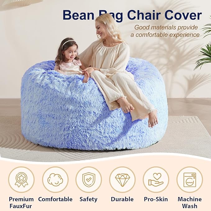 Bean Bag Covers Only, Fluffy Stuffed Beanbag Chair Covers No Filler, Washable Bean Bags Cover for Adults, Stuffed Animal Bean Bag Anti-Slip, 5FT, Blue