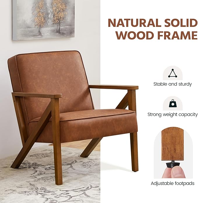 Yaheetech Accent Chair, Armchair with Strong Wood Frame, PU Leather Modern Retro Lounge Chair for Living Room/Lounge/Office/Reception Area, 2 Pieces, Light Brown