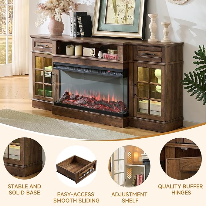 ROCKPOINT 3 Sided Glass 70" Fireplace TV Stand for TVs up to 80",Entertainment Center with Drawers and Glass Door Storage Cabinet for Living Room,36"Electric Fireplace & Adjustable LED Light ,Espresso