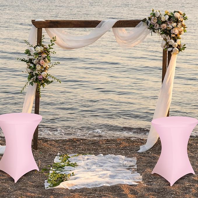 Wenqik 2 Sets 32" High Top Round Folding Cocktail Tables White Bar Height with Removable Legs & 32"x43" Spandex Stretch Table Covers (Pink)
