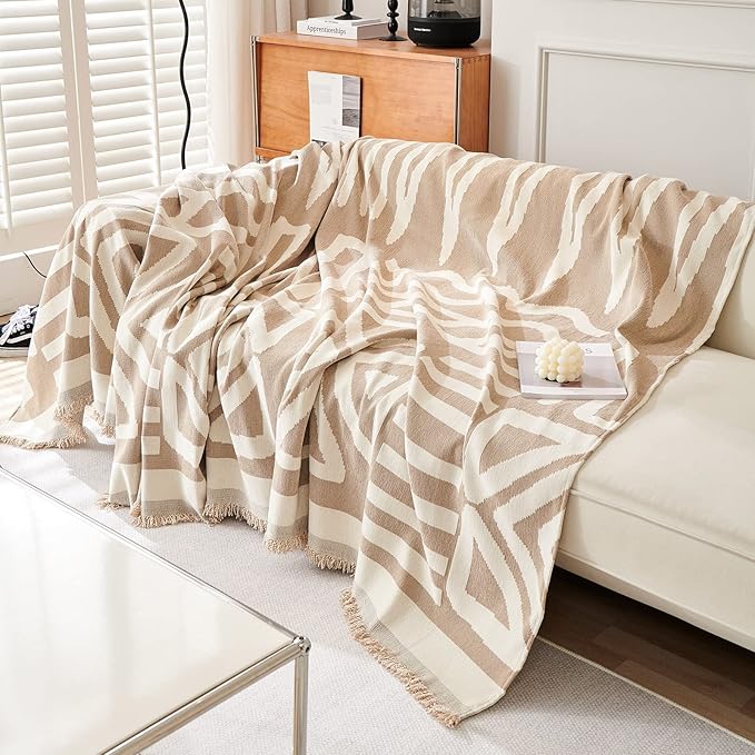VM VOUGEMARKET Boho Couch Cover for 2 Cushion Chenille Sofa Cover Dog Proof Geometric Loveseat Sofa Slipcover L Shaped Sofa Furniture Protector with Tassels Sectional Couch Cover-71 x 118,Khaki
