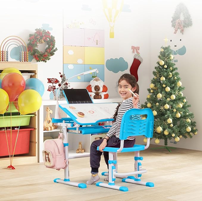 Real Relax Kids Desk and Chair Set, Children's Multifunctional School Tables with Tilt Desktop, LED Light, Metal Hook Blue