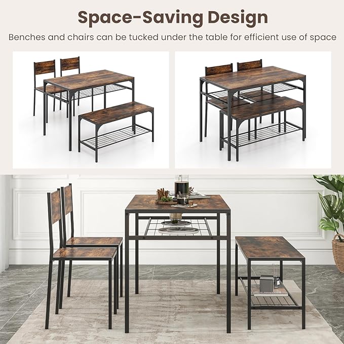 Giantex Dining Table Set for 4, Kitchen Table with Chairs & Bench, Storage Racks, Metal Frame, 4-Piece Space-Saving Dinette Set for Dining Room, Breakfast Nook, Small Space, Apartment,Rustic Brown