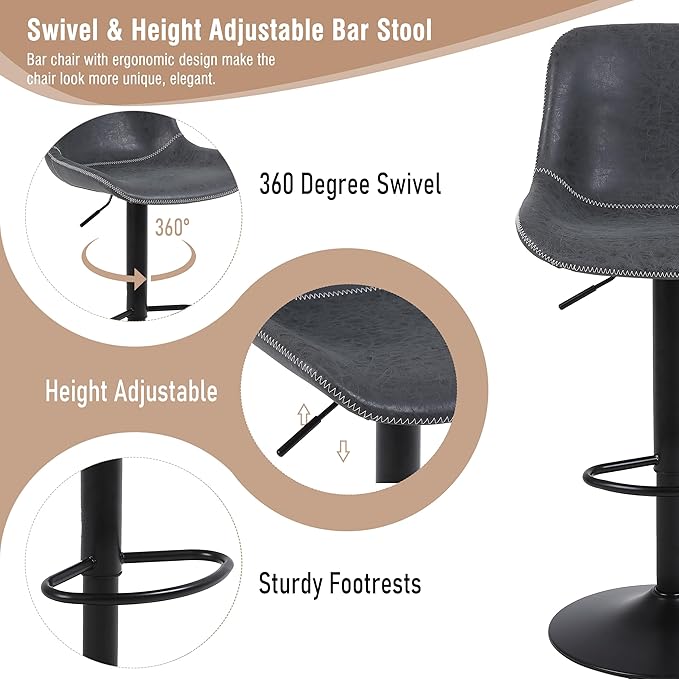Bar Stools, Swivel Counter Height Barstools with Back, Adjustable Modern Bar Chairs, Tall Armless PU Leather Kitchen Island Stool (Black 02, Set of 4)