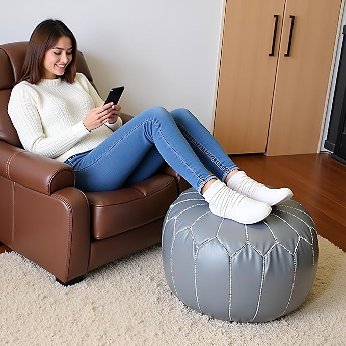 Stuffed Round Design Moroccan Leather Pouf Ottoman, Handmade, Pre-Filled, 100% Genuine Leather, 13” Height x 20” Diameter, Footstool & Living Room Décor (Grey)
