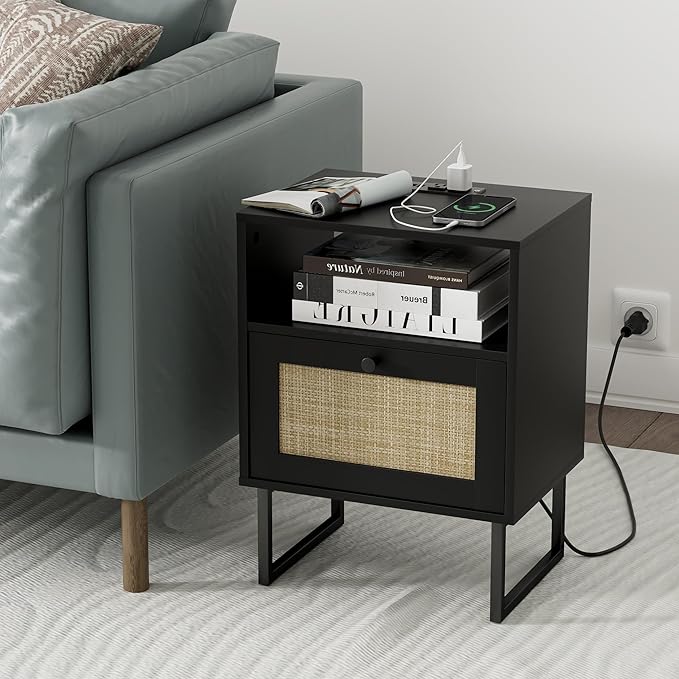 Masupu Rattan Nightstand with Charging Station,Modern Boho Farmhouse Wood Bedside Table with Storage Drawer and Open Shelf,Small Black Frame Side End Table for Bedroom,Living Room,Office (Black)