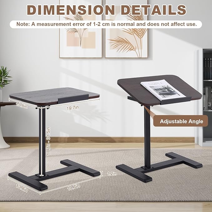Solid Wood C-Shaped Side Table,360° Rotating TV Tray Table,Height-Adjustable,Sliding Sofa Table,Rolling Laptop Desk for Living Room and Bedroom Use with Sofa,Bed,Chair-Walnut