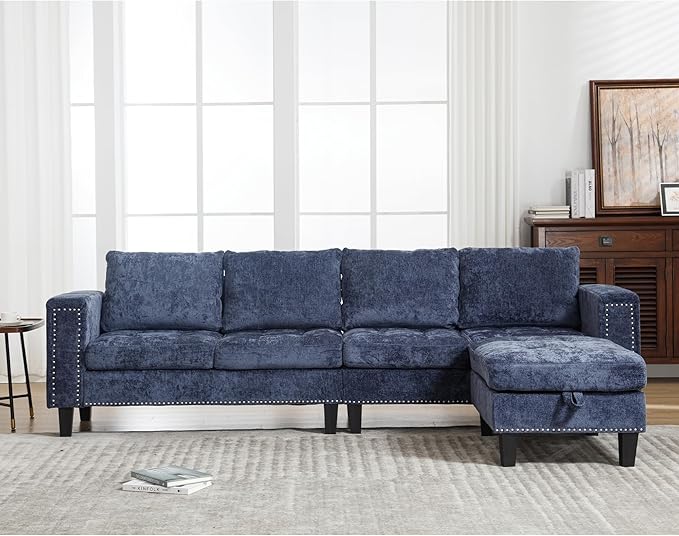 Ball & Cast 104.5" L Shaped Sectional Couch with Storage Ottoman, Chenille Upholstered 5 Seat Modular Sofa with Reversible Chaise for Living Room, Easy Assembly, Blue