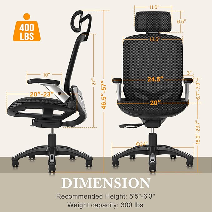 GABRYLLY Ergonomic Office Mesh Chair, High-Back Desk Chair with Sliding Seat, Adjustable Flip-up Armrest & 2D Headrest, 4-Gear Tilt Function, Swivel Computer Gaming Chairs for Man Woman