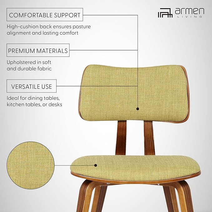 Armen Living Jaguar Mid-Century Dining Chair in Walnut Wood and Green Fabric