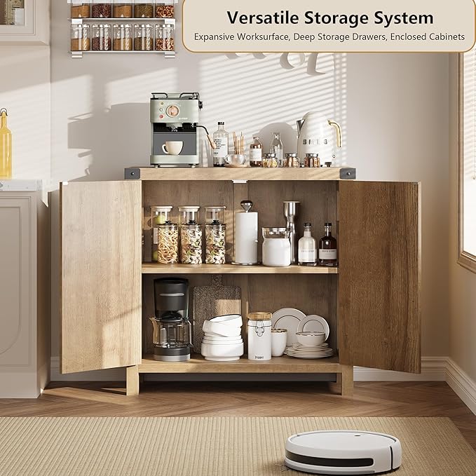 IDEALHOUSE Rattan Buffet Cabinet with Storage, Sideboard with Synthetic Rattan-Accent Doors, Adjustable Shelves, Storage Cabinet for Living Room Dining Room Hallway, Natural