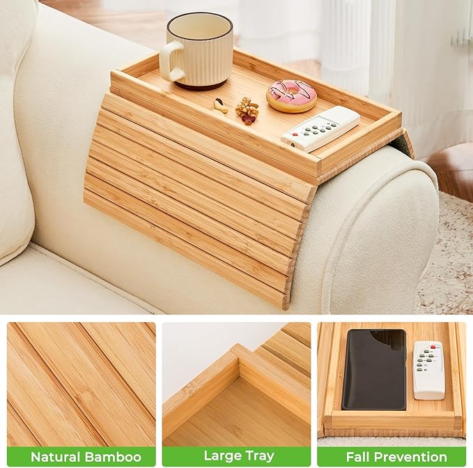 Bamboo Sofa Arm Tray, Anti Falling Couch Arm Tray Table, Foldable Couch Armrest Table, Portable Sofa Armrest Trays Cup Holder for Drink, Cups, Phone, Snacks, Remote