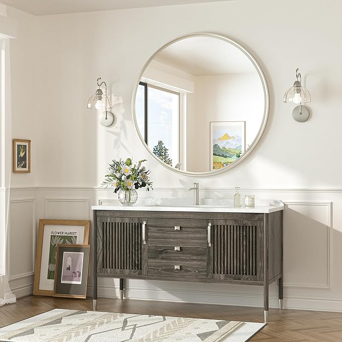 TokeShimi 36 in Round Brushed Nickel Mirror Tempered, Round Mirror Framed Shatterproof, 36x36 Circle Wall Mirror Farmhouse Metal Mirrored for Restroom, Entryway, Bedroom, Vanity, Living Room