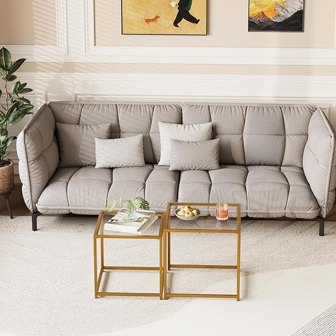 Garden 4 you Coffee Table Set of 2, Modern Glass Nesting Table, Metal Frame Square Center Table Set, Side Tables, Nesting Coffee Table for Living Room, Bedroom and Small Spaces, 19.7in Gold