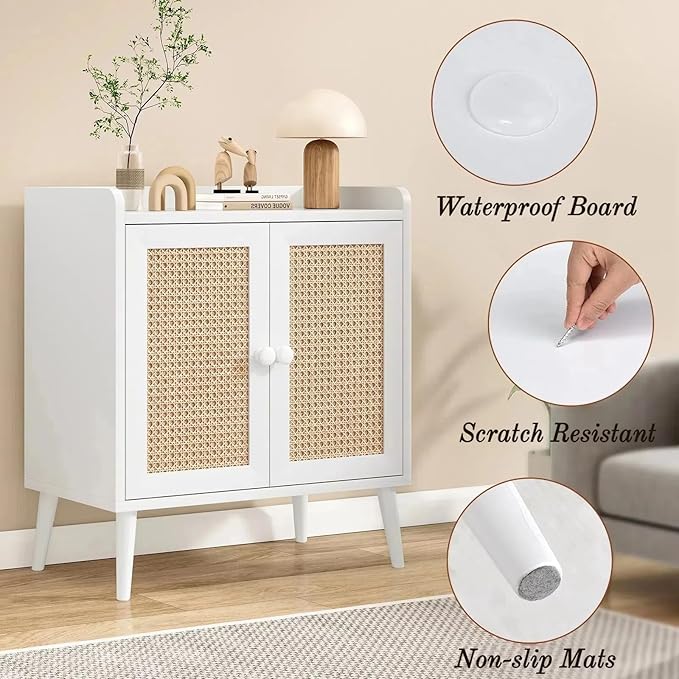 Buffet Cabinet, Rattan Storage Cabinet with Round Pull Rings, Sideboard with Ample Storage, Bar Liquor Shelf with 2 Doors for Living Room, Hallway, White