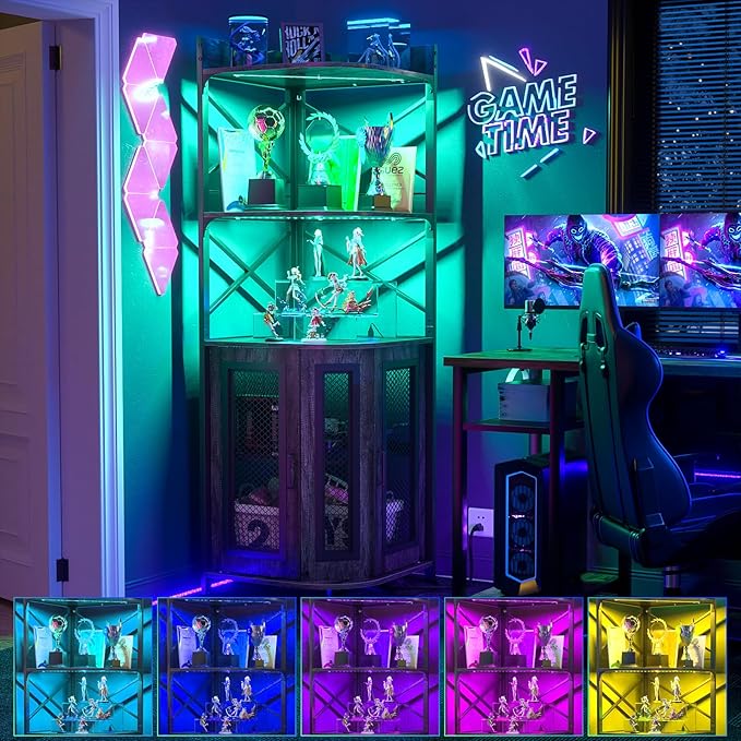Aheaplus Corner Bar Cabinet with Power Outlet, Industrial Wine Cabinet with LED Strip and Glass Holder, 5-Tiers Liquor Cabinet Bar Unit for Home, Corner Display Cabinet for Small Space, Grey Oak