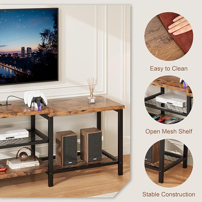 GarveeHome TV Stand with LED Lights for 55/65/75 Inch TV, 67 Inch Large Entertainment Center with Power Outlets, Media Console for Living Room, Bedroom, Vintage Brown