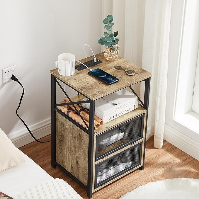 VECELO Dust Grey End Table with USB Ports and Outlets,24 Inch Nightstands with Charging Station and Storage Shelf for Bedroom,Living Room, 1 Set