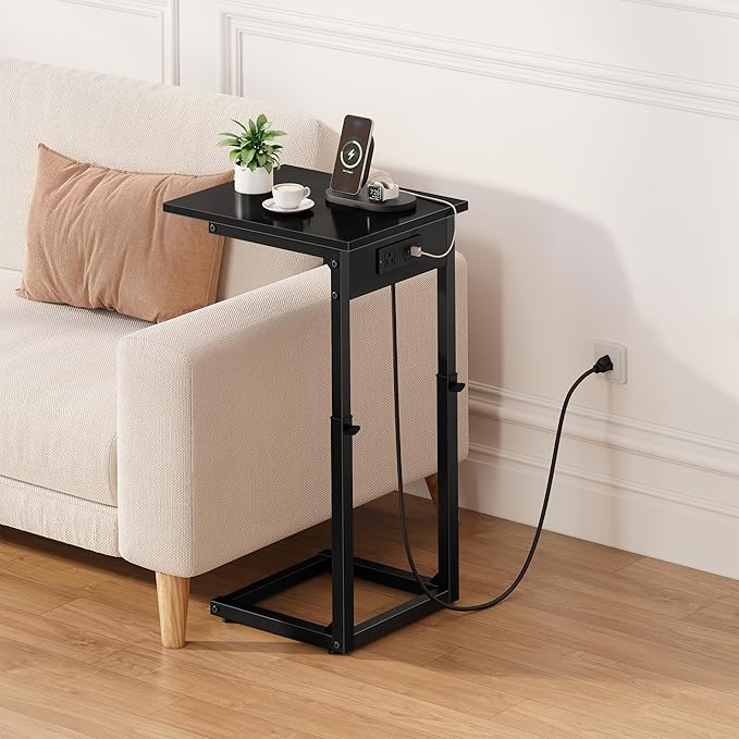 Vagusicc C Shaped End Table with Charging Station, 33" Tall Side Table for Couch, C Table Adjustable Height Small Couch Side Tables, Slide Under Sofa Table TV Tray Tables for Living Room,Bedroom,Black