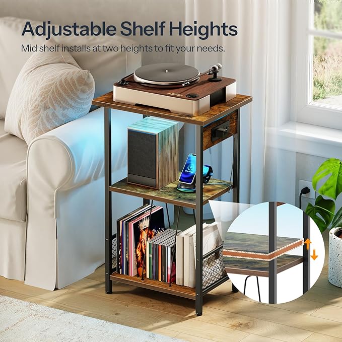 HOOBRO Record Player Stand with Charging Station and LED, Turntable Stand with Storage, 3 Tier End Table Hold Up to 100 Albums, Record Table for Vinyl, Living Room, Rustic Brown and Black BF06UDRS01