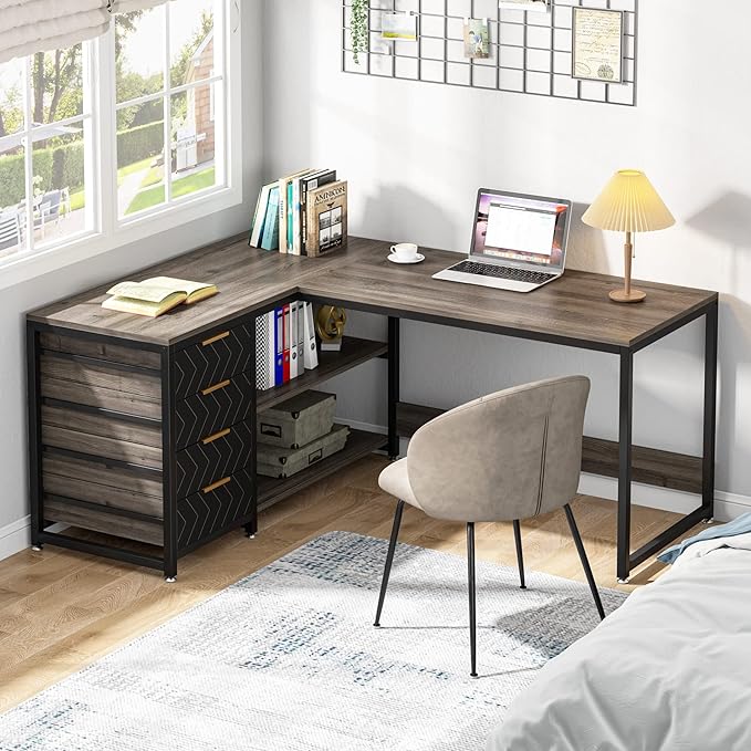 LITTLE TREE 59-Inch L Shaped Desk with Drawers, Large Computer Desk with Storage Shelves, Reversible L-Shaped Corner Desk Workstation for Home Office