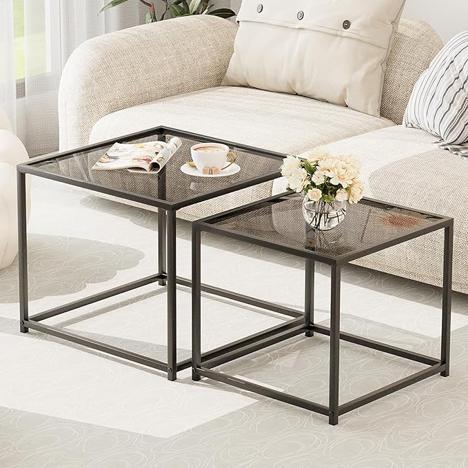 Garden 4 you Coffee Table Set of 2, Modern Glass Nesting Table, Metal Frame Square Center Table Set, Side Tables, Nesting Coffee Table for Living Room, Bedroom and Small Spaces, 23.6in Grey
