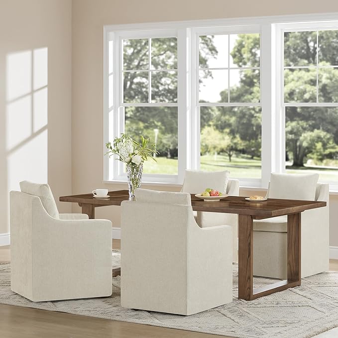Upholstered Dining Chairs with Casters Washable Cover Side Deskchair with Rollers for Diningroom, Living Room, Cream Beige, 4 Box
