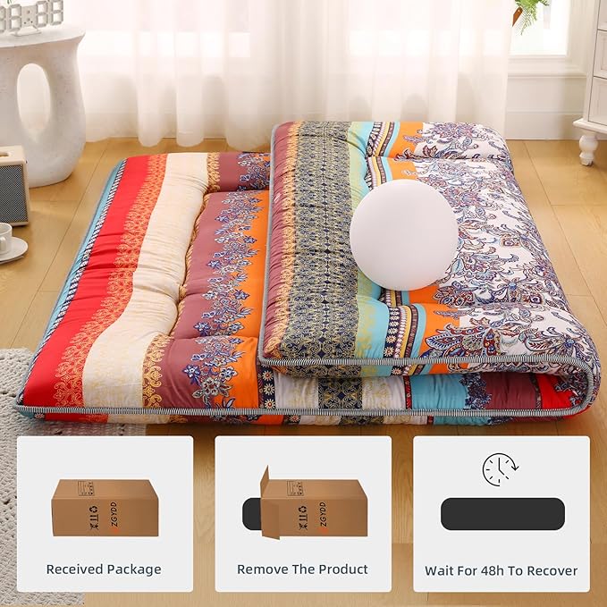 Bohemian Retro Japanese Floor Mattress, Vintage Floral Tatami Floor Mat, Portable Roll up Futon Mattress for Guest,Tavel (B,Full 80" X 47")