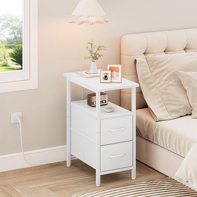Vagusicc White End Table with Charging Station, Narrow Side Table, 23.8'' Tall Nightstand with 2 Fabric Drawers, Small Sofa Side Table Narrow Nightstand for Small Spaces, Living Room, Bedroom, White