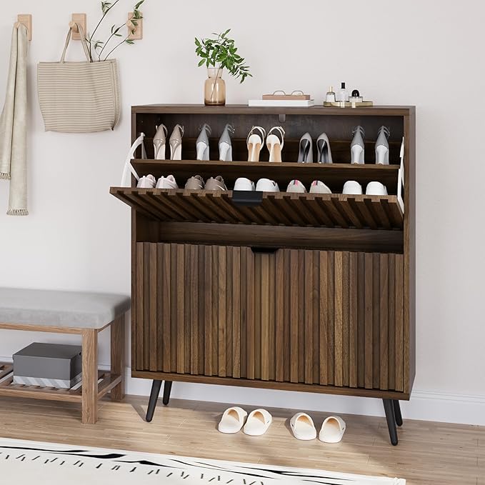 Smuxee Shoe Cabinet with 2 Flip Drawers, 31.5" Walnut Hidden Shoe Storage Cabinet with Fluted Design, Freestanding Shoe Organizer Cabinet for Entryway, Hallway, Closet, Living Room