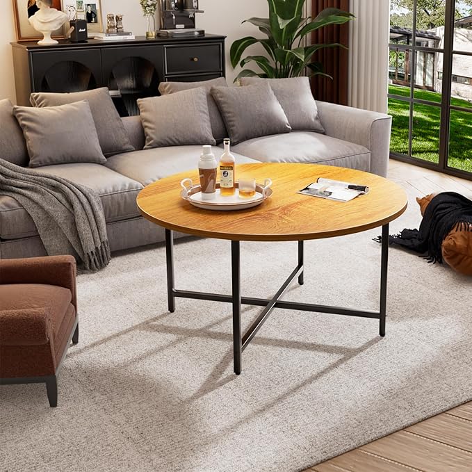 Round Coffee Table, 31.5" Circle Coffee Table，Modern Round Coffee Tables Living Room, Large Coffee Table Round for Indoor & Outdoor Use, Office, Patio or Garden, Warm Brown (31.5" D*17.7" H)