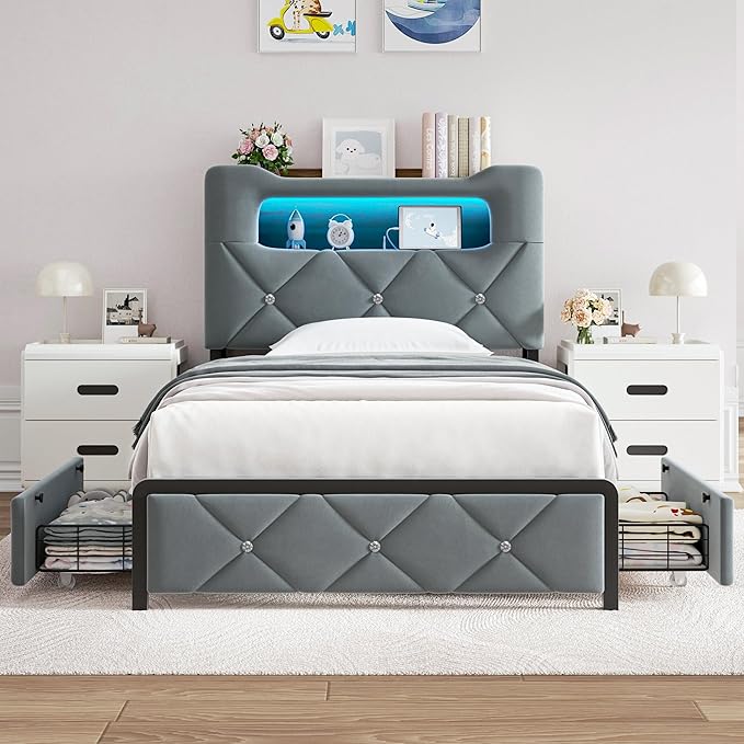 Twin Upholstered LED Bed Frame with 2 Storage Drawers and 2-Tier Storage Bookcase Headboard, Velvet Platform Bed for Kids/Girls/Boys, Corner Bed Frame, Heavy Duty Metal Support, Grey