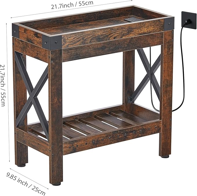 Narrow Side Table, Slim End Table with Charging Station for Small Spaces, with 2 USB and 2 Power Outlets, 21.7" L x 10" W x 21.7" H