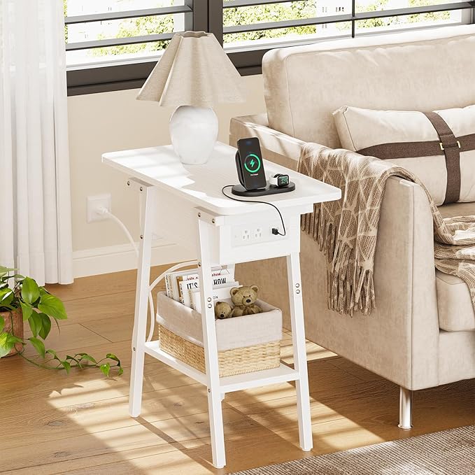 End Table with Charging Station, Flip Top Side Table with USB Ports and Outlets, Bedside Tables for Small Spaces,Nightstand with Storage Shelf for Living Room, Bedroom, White