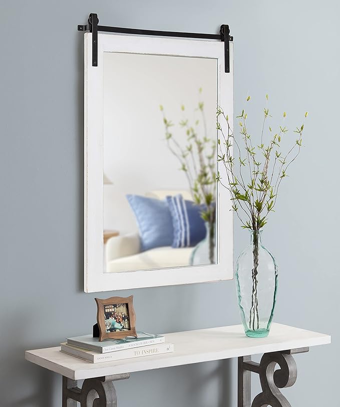 Kate and Laurel Cates Farmhouse Wood Framed Wall Mirror, 24 x 38, White, Barn Door-Inspired Rustic Mirrors for Wall