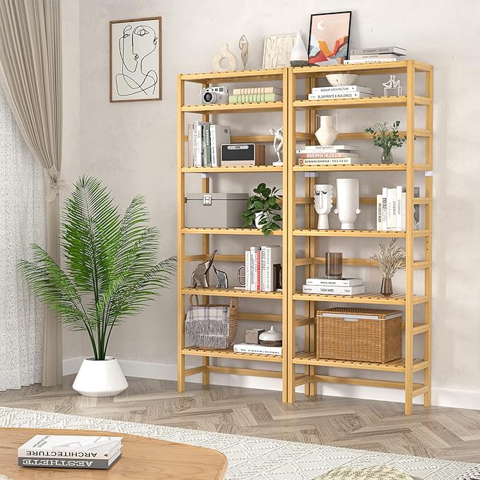 Homykic 6-Tier Bamboo Bookshelves and Bookcases, Adjustable 63.4”Tall Shallow Book Shelf Organizer Rack, Freestanding Storage Shelving Unit for Living Room, Kitchen, Bathroom, Office, Natural
