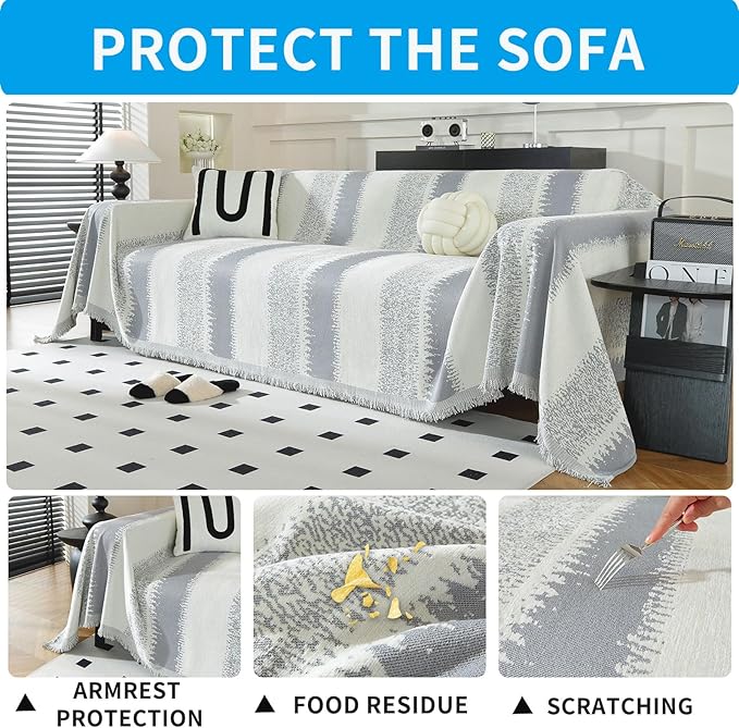 LUFEIJIASHI Boho Couch Covers for Sofa Non Slip Sofa Covers Washable Couch Covers for 3 Cushion Couch Sofa Pet Friendly Sectional Couch Cover Blanket Furniture Protector for Dogs (Grey, 91"x134")