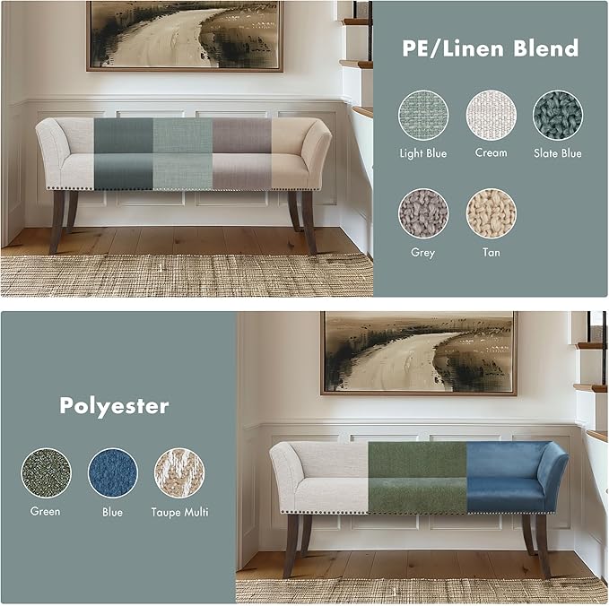 Madison Park Accent Bench for Living Room, Upholstered with Nailhead Trim, & Padded Seat Entryway Bench Small, End of Bed Bench with Back, 49.5" W x 19.25" D x 23" H, Light Blue
