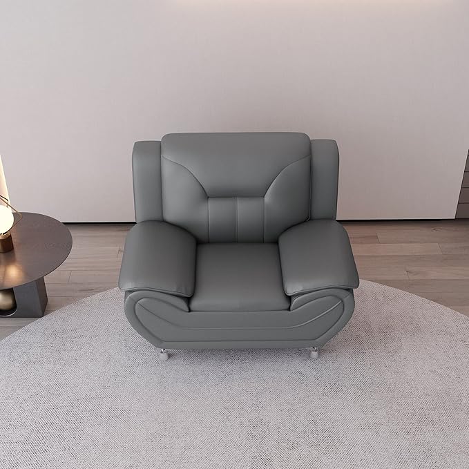 Container Furniture Direct Michael Modern Faux Leather Upholstered Stainless Steel Legs Living Room Sofa, Loveseat, Gray