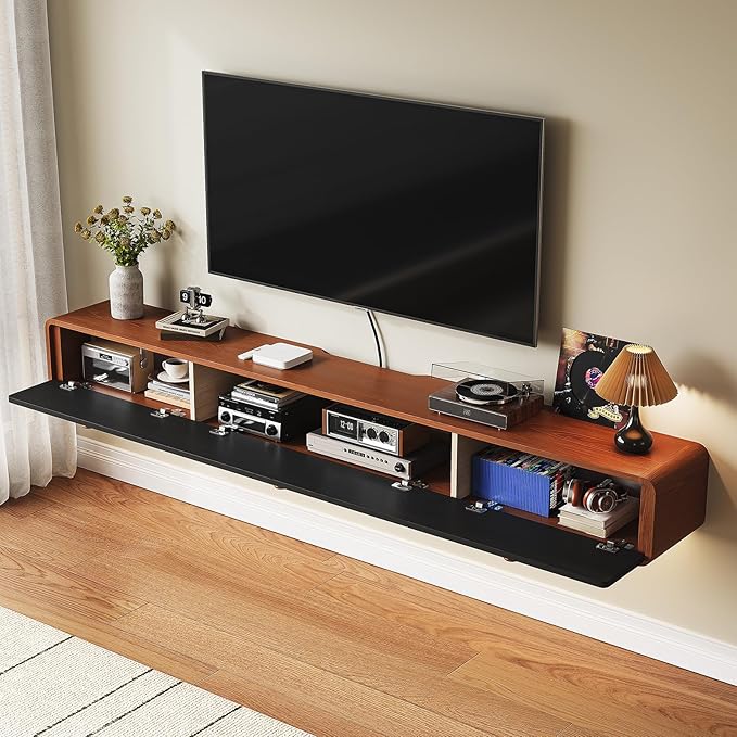 Minimalist 70'' Floating TV Stand with 3 Doors,Solid Wood Wall Mounted TV Console,Floating Entertainment Center with Hidden Storage,Curved Round Edges,Natural Wood Finish(Walnut)