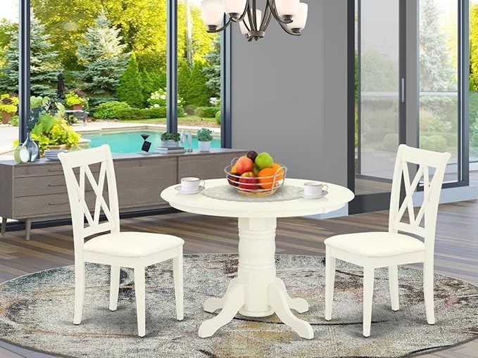 East West Furniture SHCL3-WHI-C 3 Piece Dining Room Furniture Set Contains a Round Kitchen Table with Pedestal and 2 Linen Fabric Upholstered Dining Chairs, 42x42 Inch, Linen White