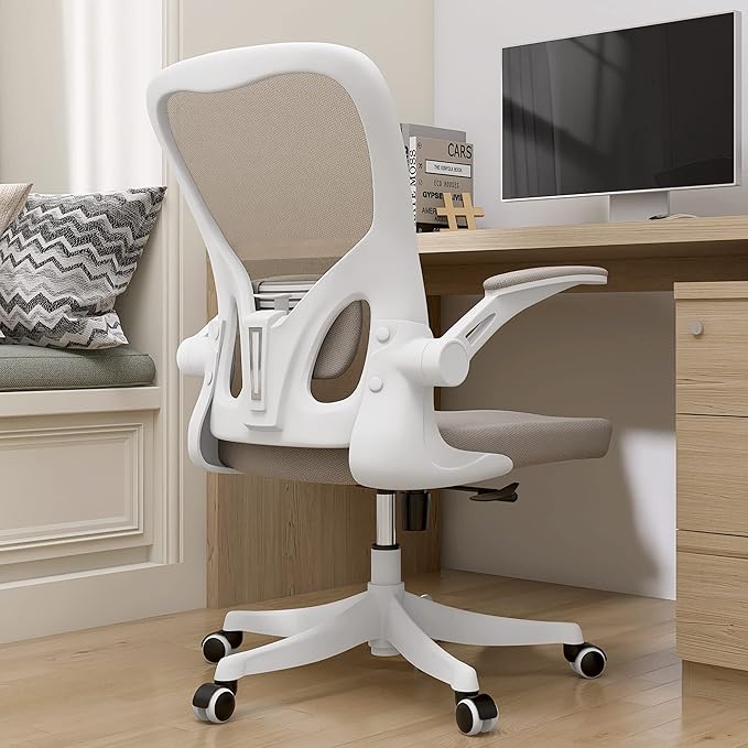 Monhey Office Chair Ergonomic Desk Chair with Lumbar Support&Headrest&Flip-up Arms Height Adjustable Rocking Swivel High Back Computer Chair Warm Taupe Mesh Study Chair (01Khaki)