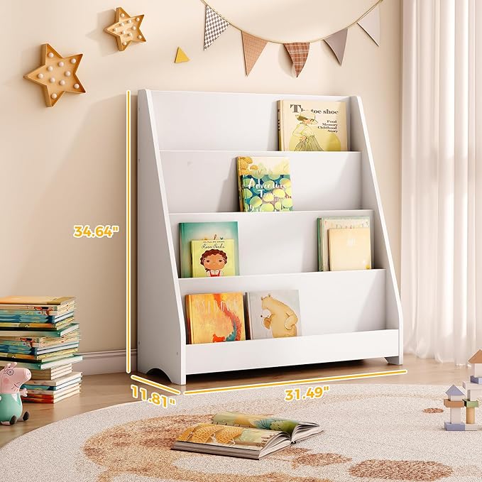 Tatub 4 Tier Kids Wooden Bookshelf, Toddler Sling Bookcase Montessori Bookshelf, Children Front Facing Book Shelf for Nursery, Playroom and Classroom, White